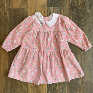 Vintage 80s OshKosh Dress 4T Pink Corduroy Bunnies on Ice Long Sleeve USA Made